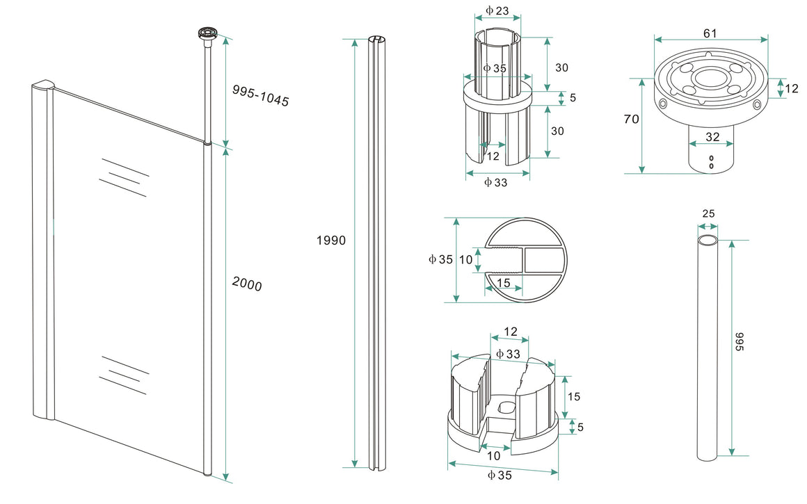 Wiesbaden set verticale plafond stabilisatiestang chroom - technische tekening