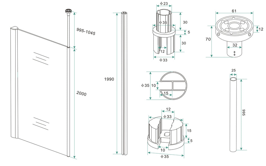 Wiesbaden set verticale plafond stabilisatiestang chroom - technische tekening