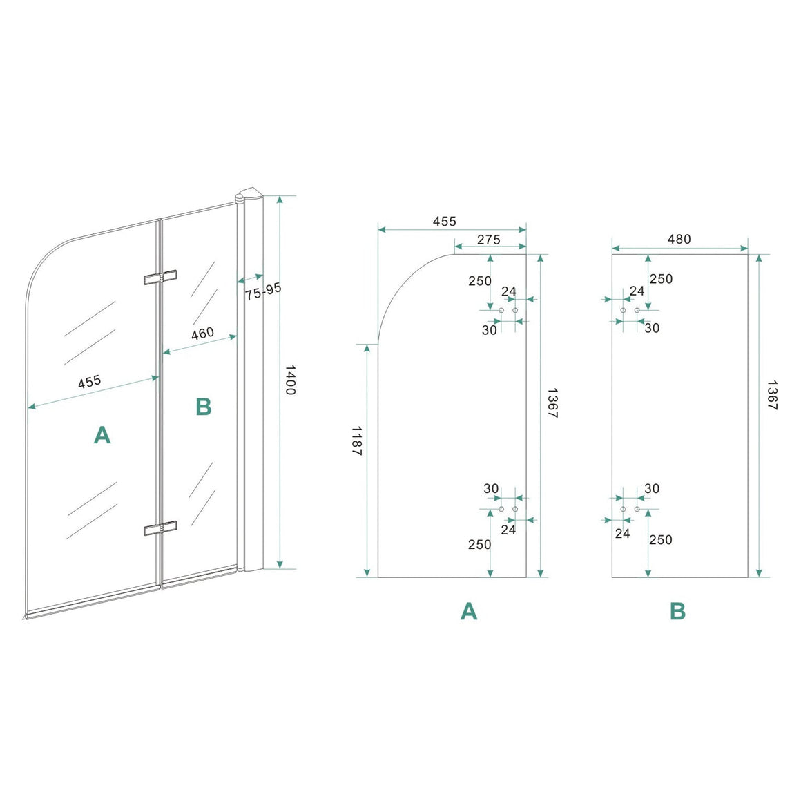 Wiesbaden Cinco badwand draaibaar 1000 x 1400 mm - technische tekening