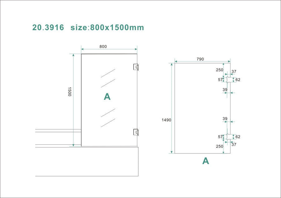 Wiesbaden Less badwand draaibaar 800 x 1500 x 6 mm nano helder glas - technische tekening