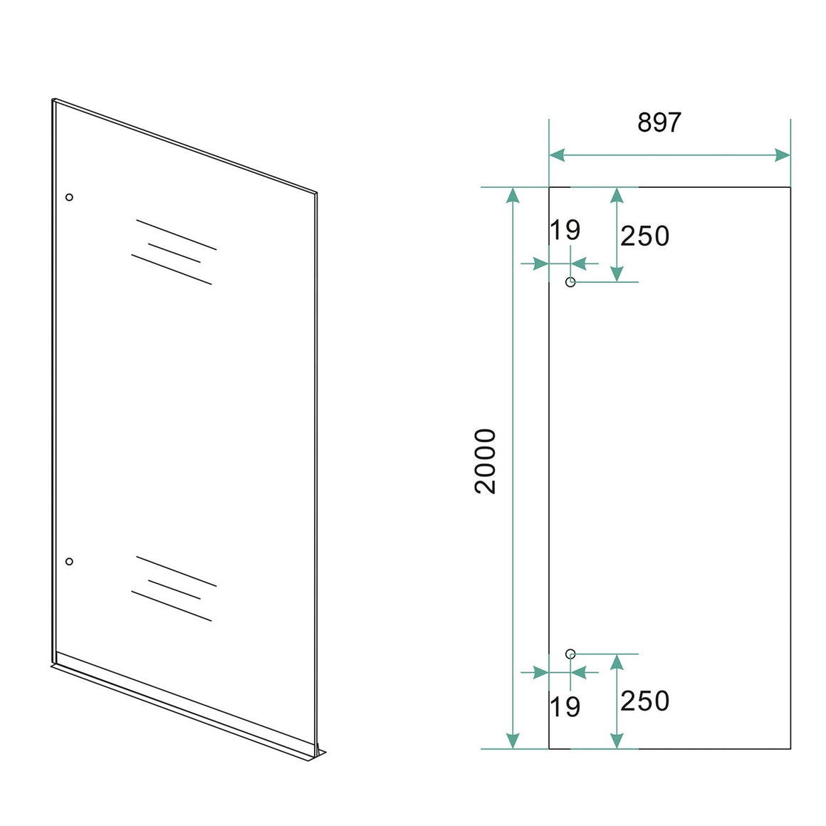 Wiesbaden Less glasplaat 2000 x 8 mm nano rookglas 900 x 2000 mm - technische tekening