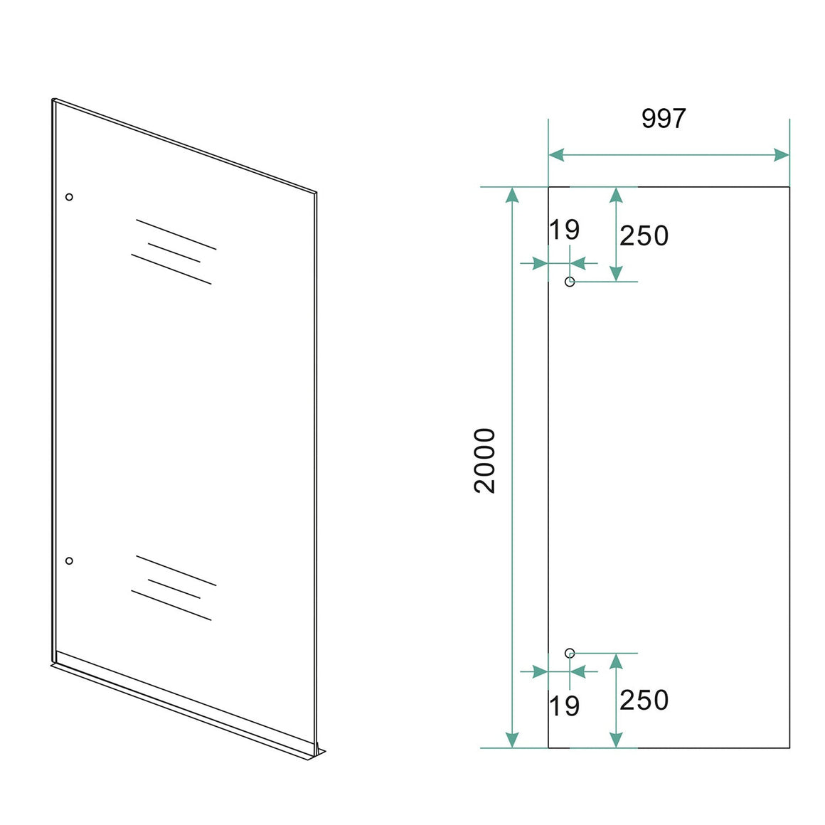 Wiesbaden Less glasplaat 2000 x 8 mm nano rookglas 1000 x 2000 mm - technische tekening