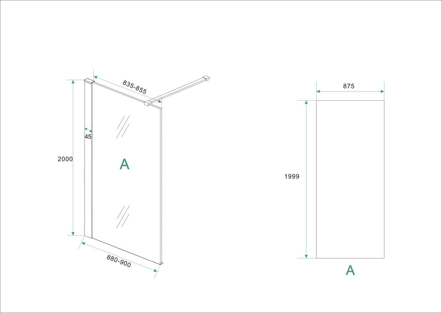 Wiesbaden Hibera inloopdouche met nano-coating 90 cm - technische tekening