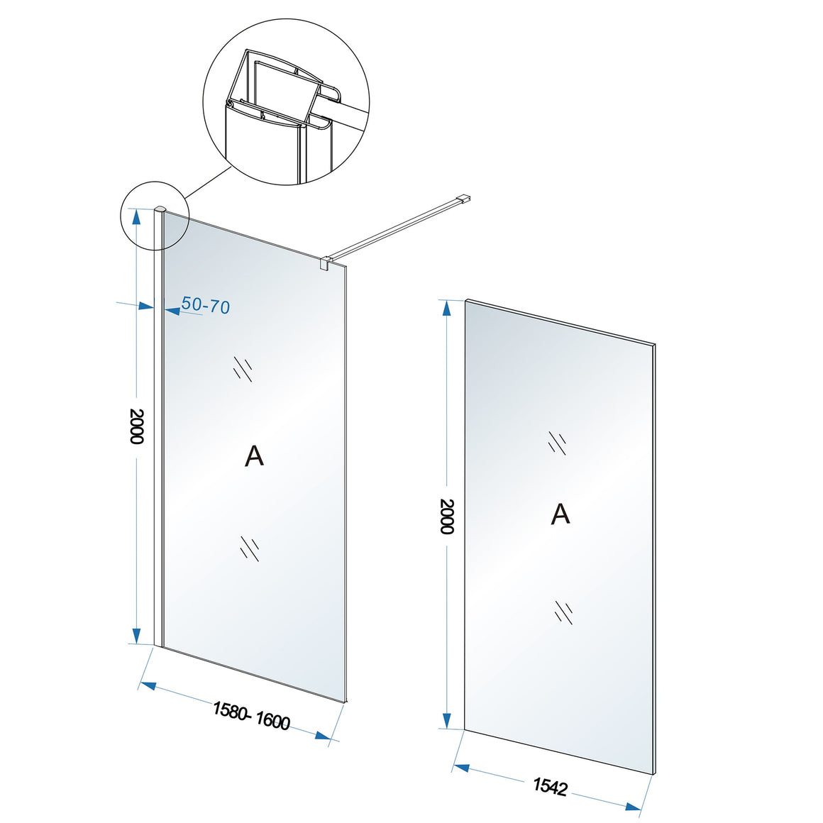 Wiesbaden Comfort inloopdouche 2000 x nano helder glas 1600 x 2000 mm - technische tekening