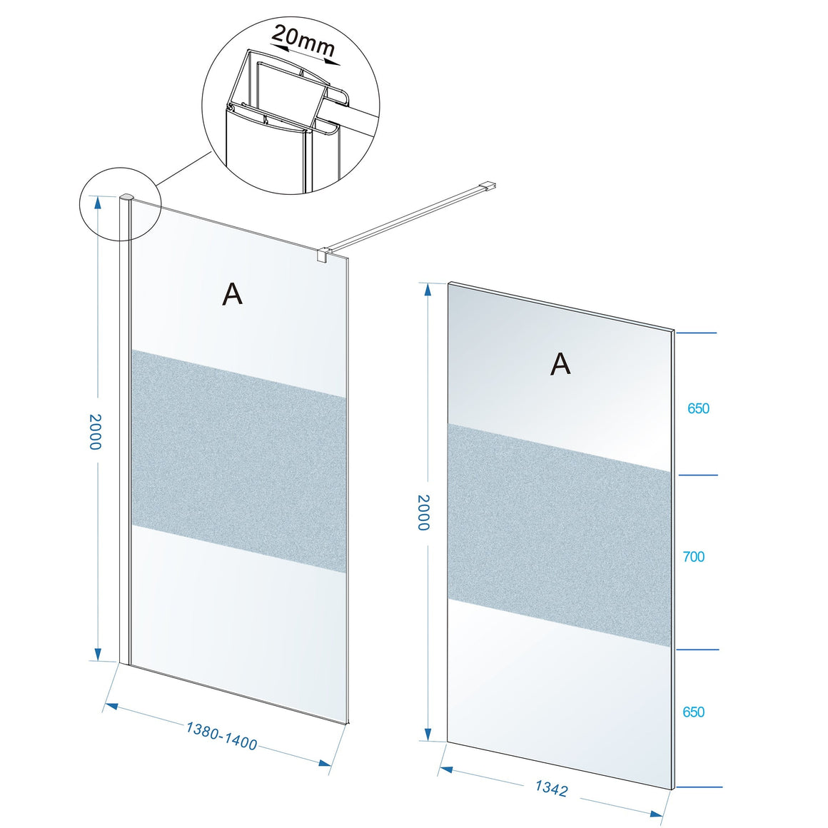 Wiesbaden Comfort inloopdouche 2000 x nano helder glas met melkglas middenband 1400 x 2000 mm - technische tekening