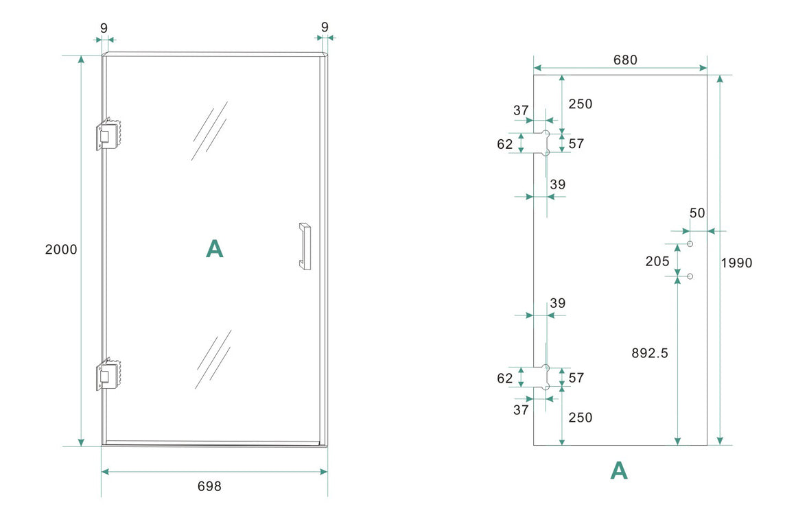 Wiesbaden Less glas voor nisdeur nano helder glas 70 cm - technische tekening