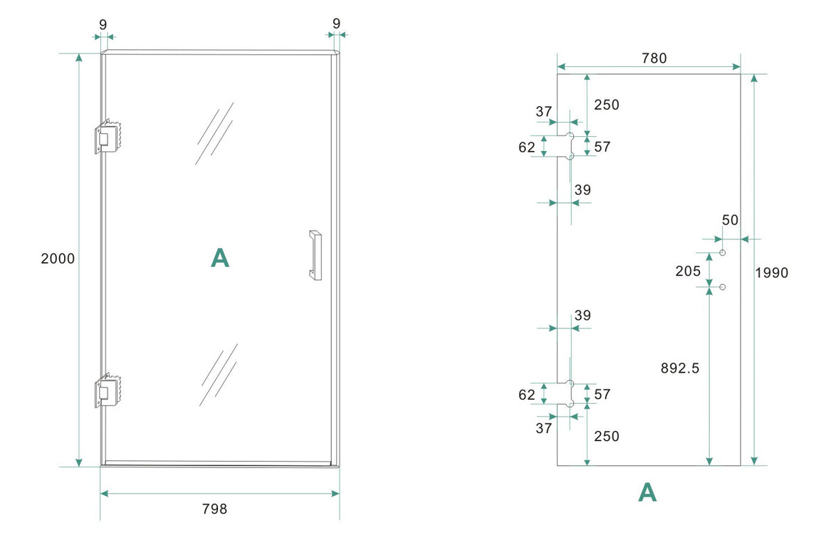 Wiesbaden Less glas voor nisdeur nano helder glas 80 cm - technische tekening