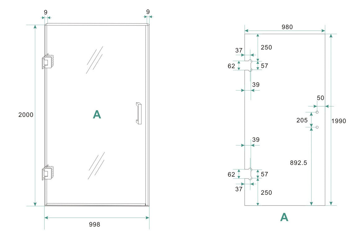 Wiesbaden Less glas voor nisdeur nano helder glas 100 cm - technische tekening
