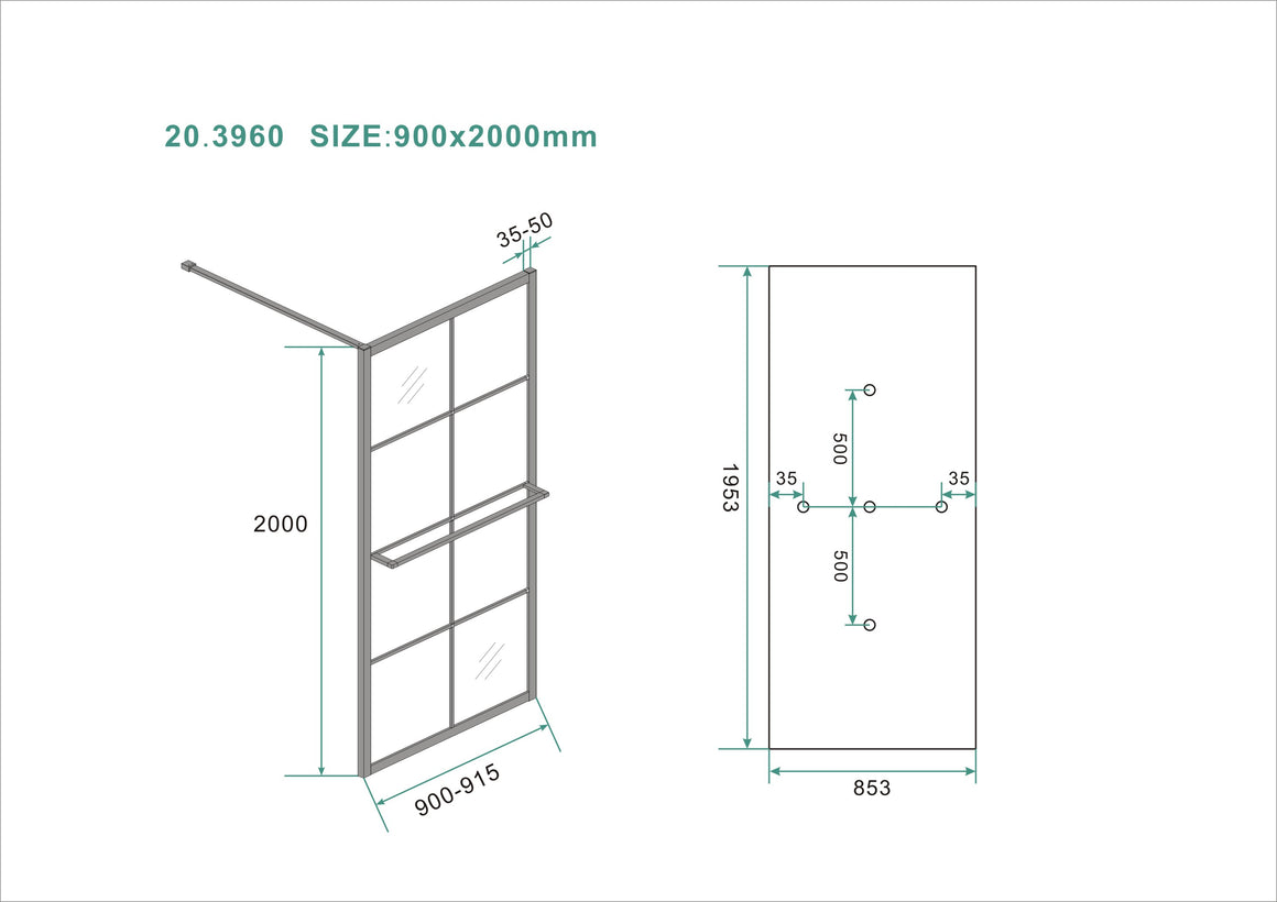 Wiesbaden Maaz inloopdouche met raster en handdoekhouder helder glas 90 cm - technische tekening