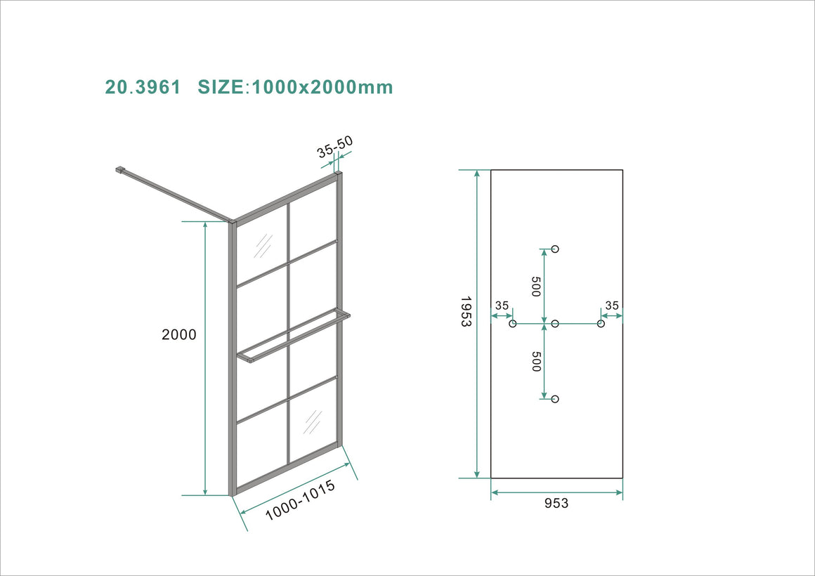 Wiesbaden Maaz inloopdouche met raster en handdoekhouder helder glas 100 cm - technische tekening