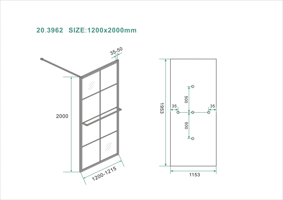 Wiesbaden Maaz inloopdouche met raster en handdoekhouder helder glas 120 cm - technische tekening