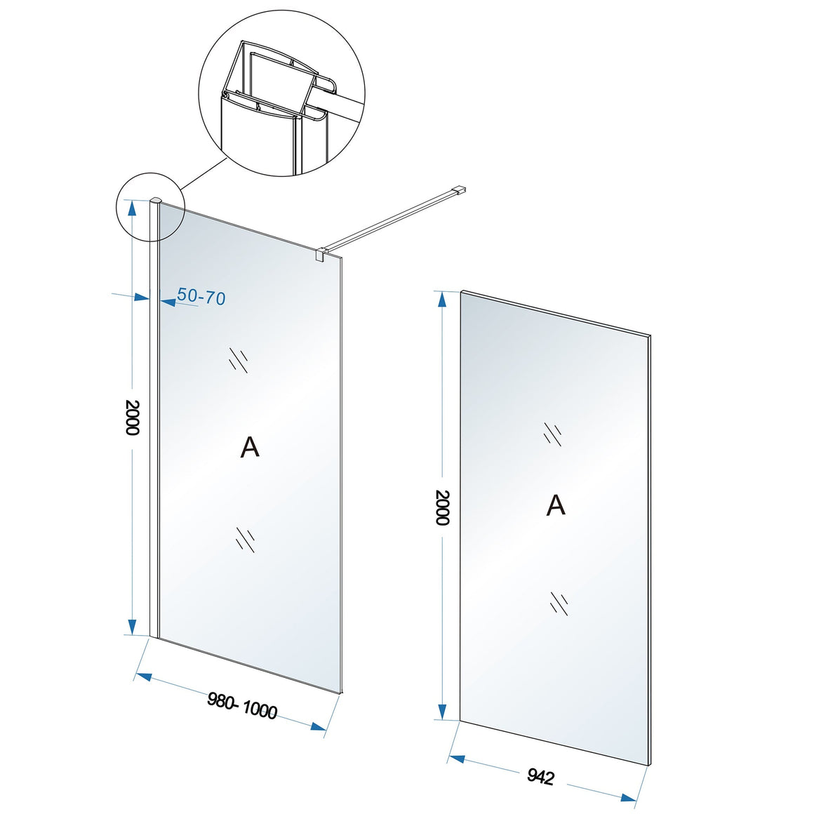 Wiesbaden Comfort inloopdouche rookglas 100 cm - technische tekening
