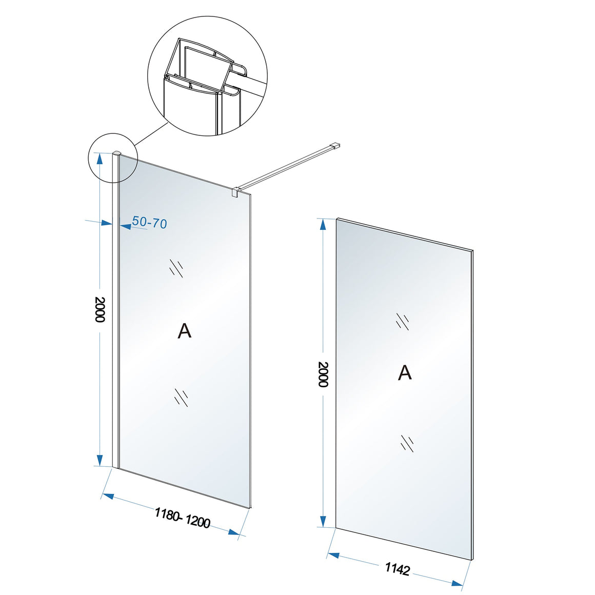 Wiesbaden Comfort inloopdouche rookglas 120 cm - technische tekening
