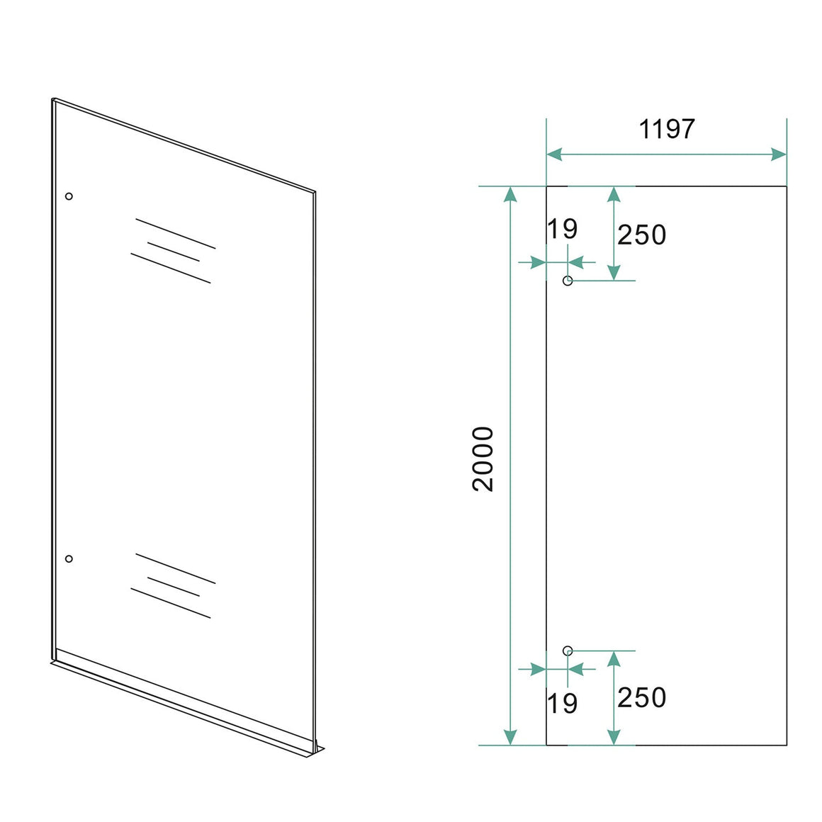 Wiesbaden Less glasplaat 2000 x 8 mm nano spiegelrook naar helder glas 1200 x 2000 mm / Links - technische tekening