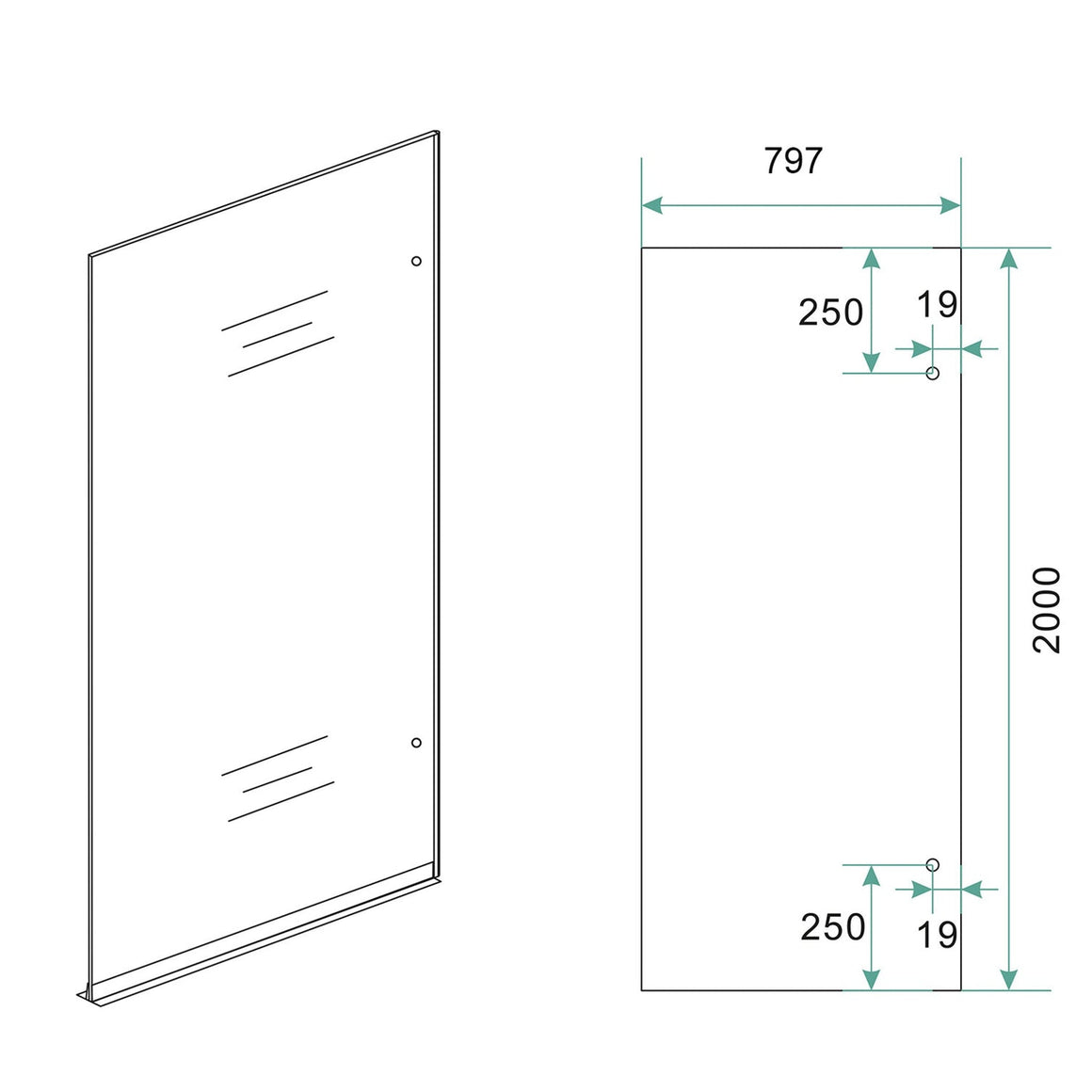 Wiesbaden Less glasplaat 2000 x 8 mm nano spiegelrook naar helder glas 800 x 2000 mm / Rechts - technische tekening