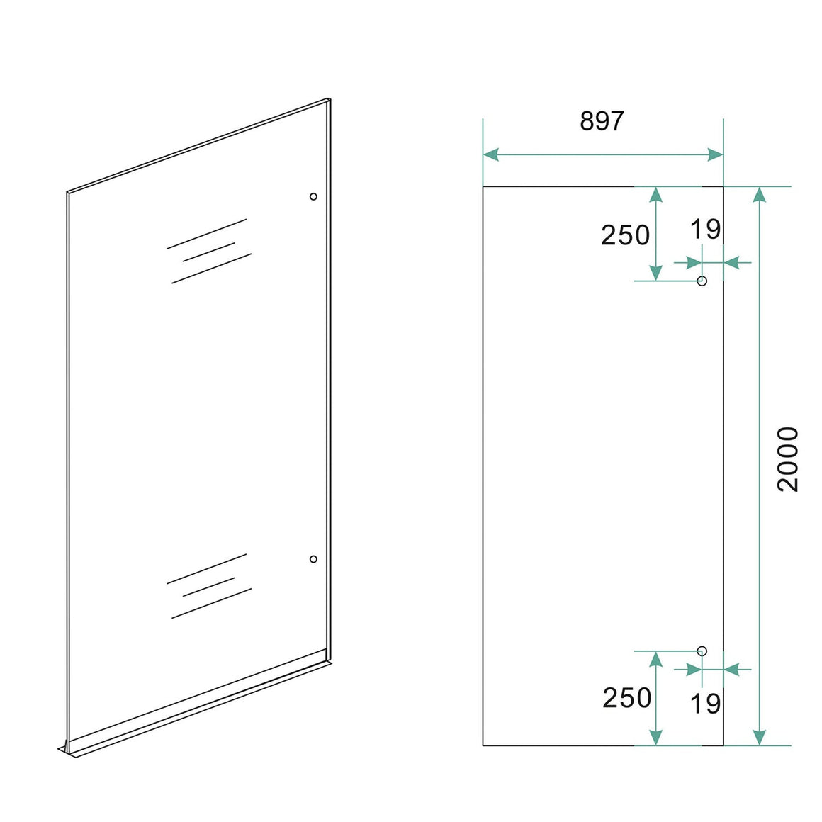 Wiesbaden Less glasplaat 2000 x 8 mm nano spiegelrook naar helder glas 900 x 2000 mm / Rechts - technische tekening