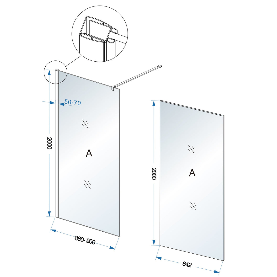 Wiesbaden Comfort inloopdouche melkglas 90 cm - technische tekening