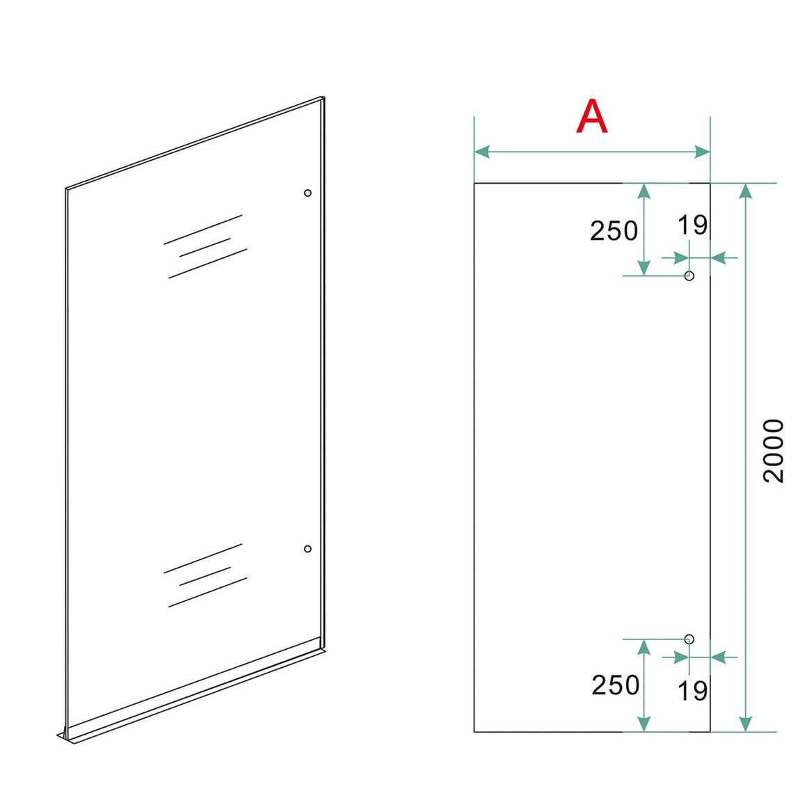 Wiesbaden Less glasplaat 2000 x 8 mm nano spiegelrook naar helder glas 1000 x 2000 mm / Rechts - technische tekening