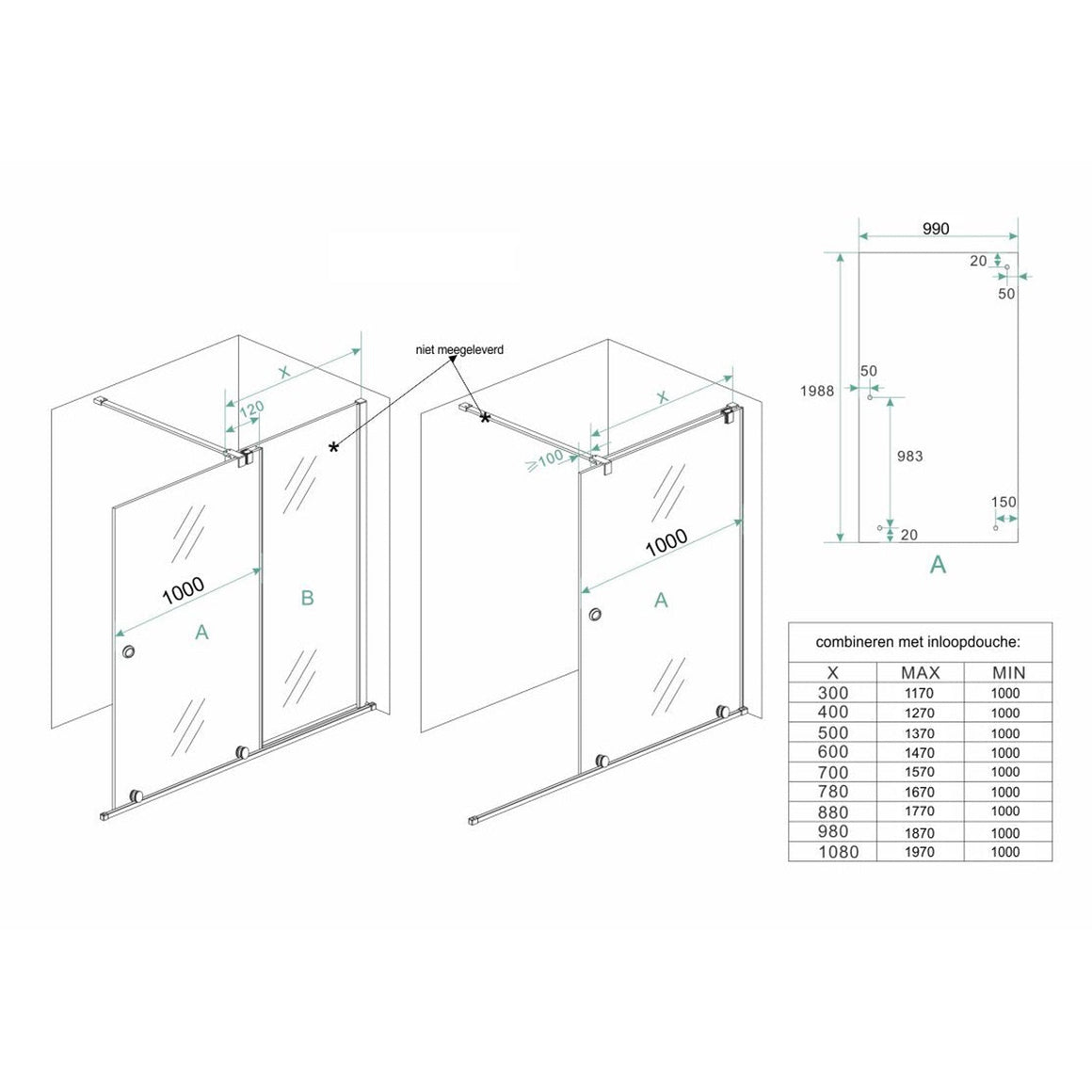 Wiesbaden Rolso verleng inloopdouche 1000 x 2000 mm chroom - technische tekening