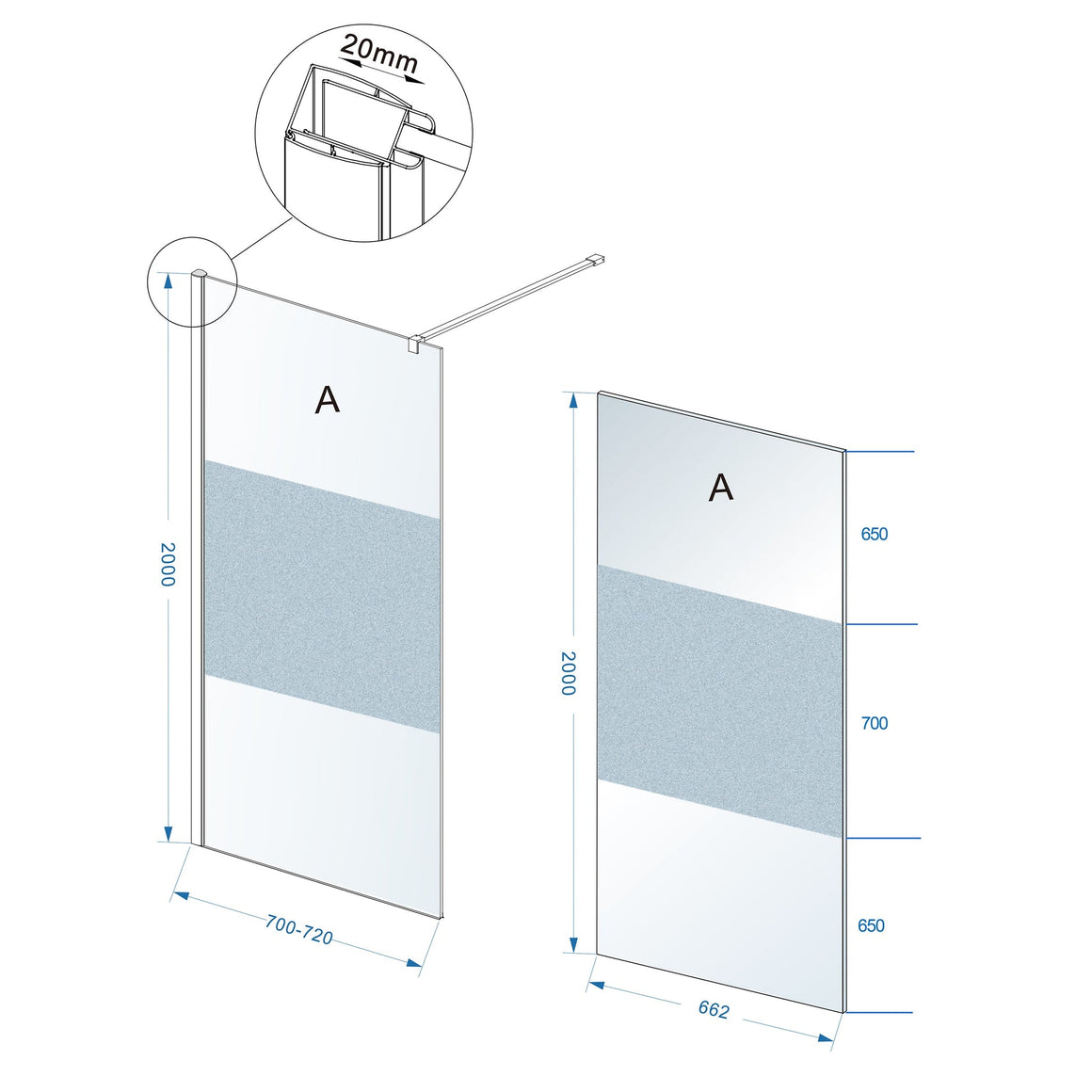 Wiesbaden Comfort inloopdouche 2000 x nano helder glas met melkglas middenband 700 x 2000 mm - technische tekening