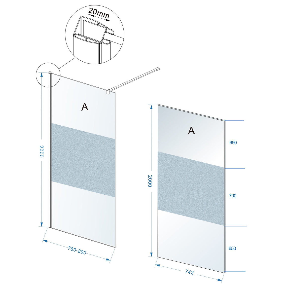 Wiesbaden Comfort inloopdouche 2000 x nano helder glas met melkglas middenband 800 x 2000 mm - technische tekening