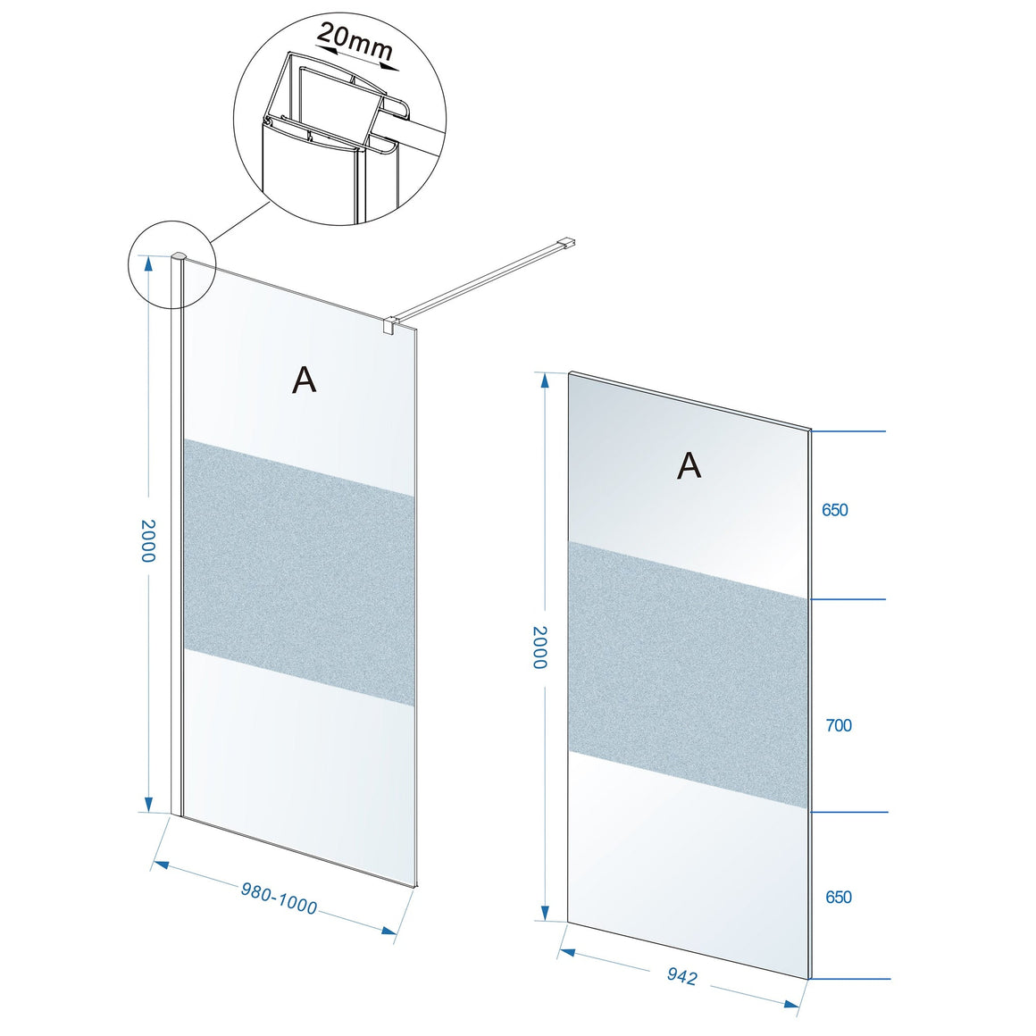 Wiesbaden Comfort inloopdouche 2000 x nano helder glas met melkglas middenband 1000 x 2000 mm - technische tekening