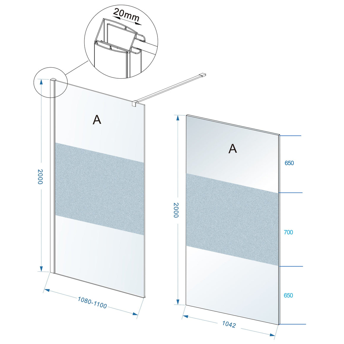 Wiesbaden Comfort inloopdouche 2000 x nano helder glas met melkglas middenband 1100 x 2000 mm - technische tekening