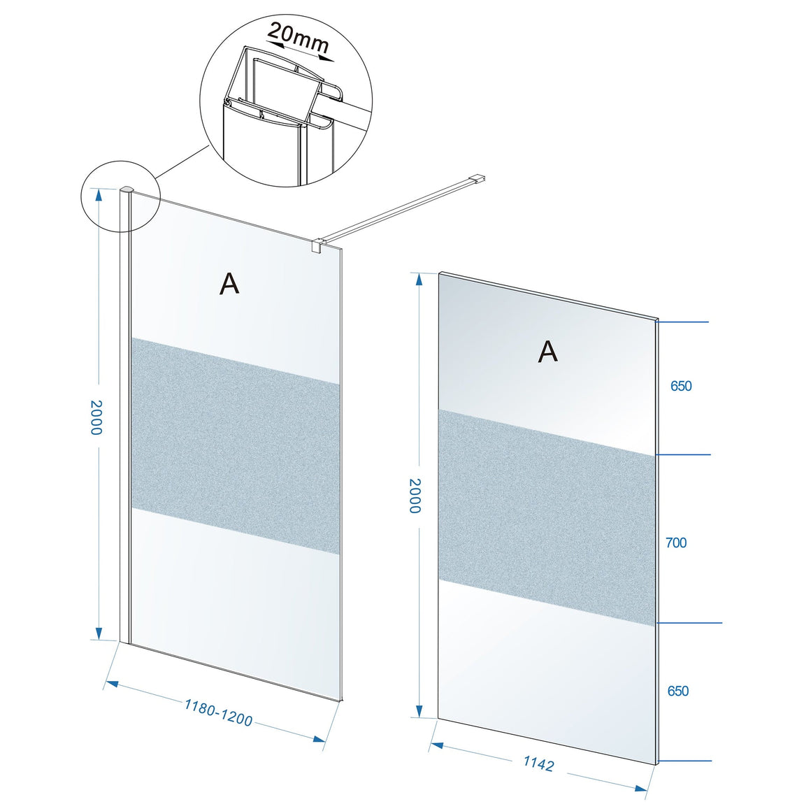 Wiesbaden Comfort inloopdouche 2000 x nano helder glas met melkglas middenband 1200 x 2000 mm - technische tekening