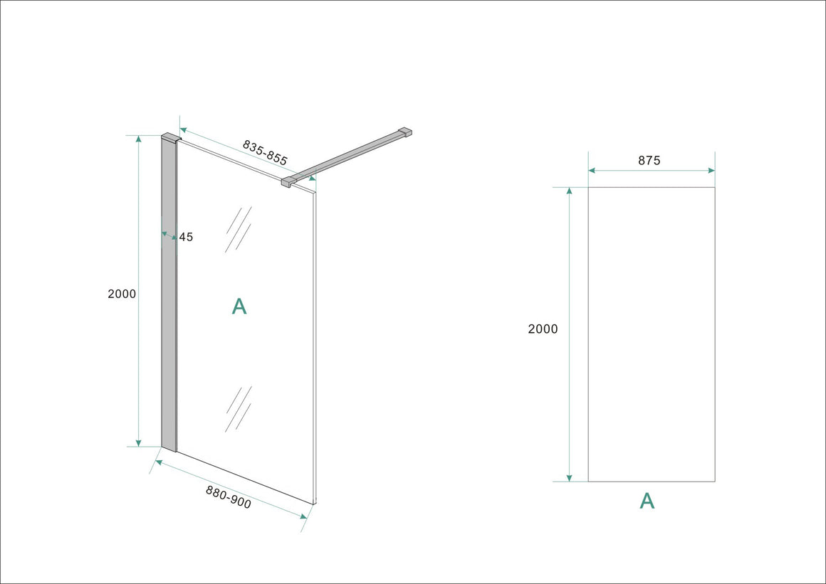 Wiesbaden Graffic inloopdouche Safety Glass 90 cm / Mat zwart - technische tekening