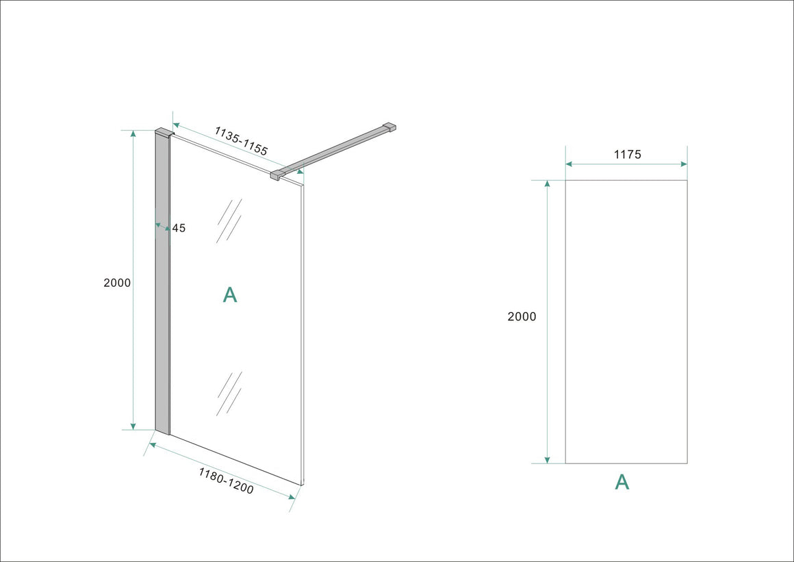 Wiesbaden Graffic inloopdouche Safety Glass 120 cm / Mat zwart - technische tekening