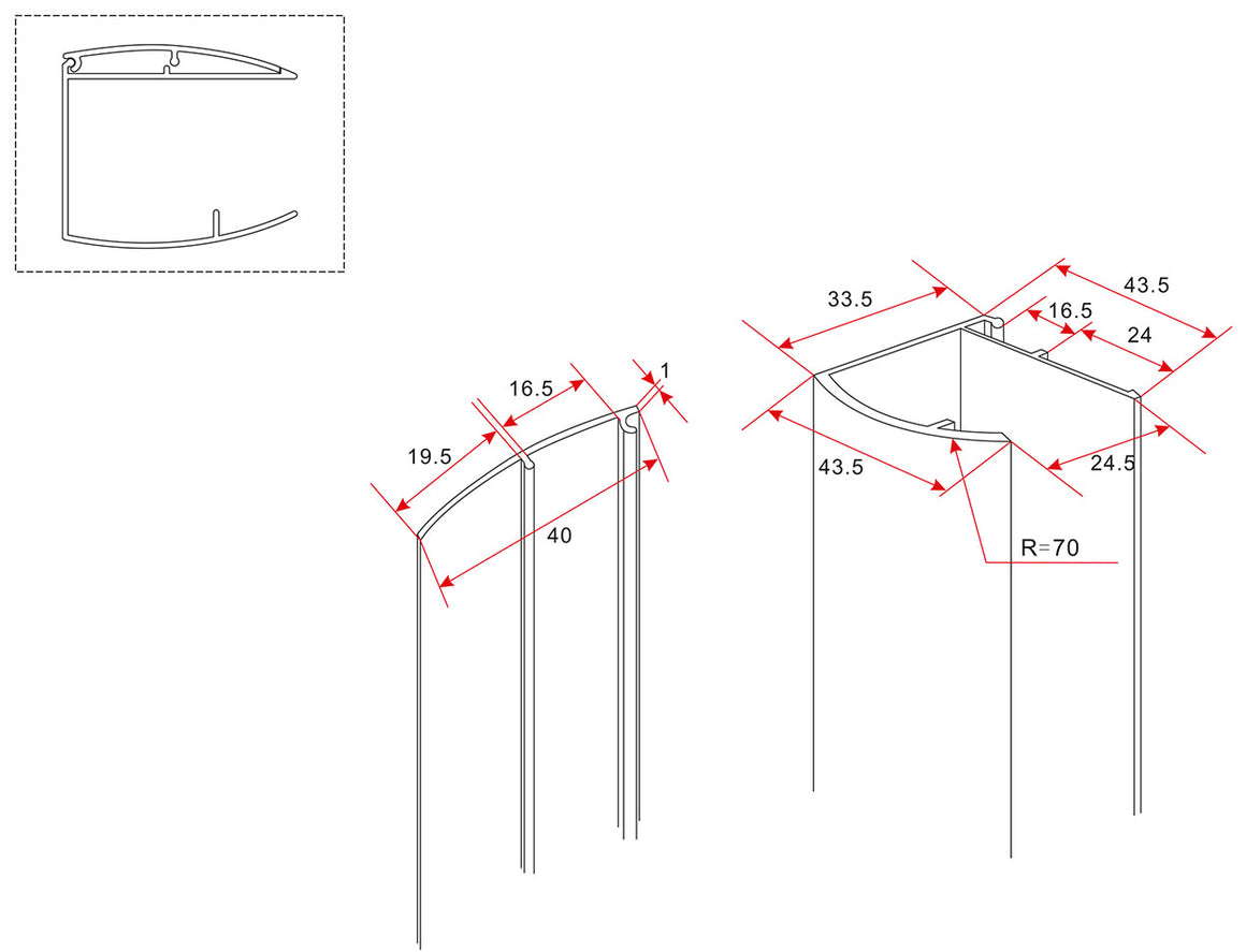 Xellanz afwerkstrip muurprofiel 200 cm chroom - technische tekening