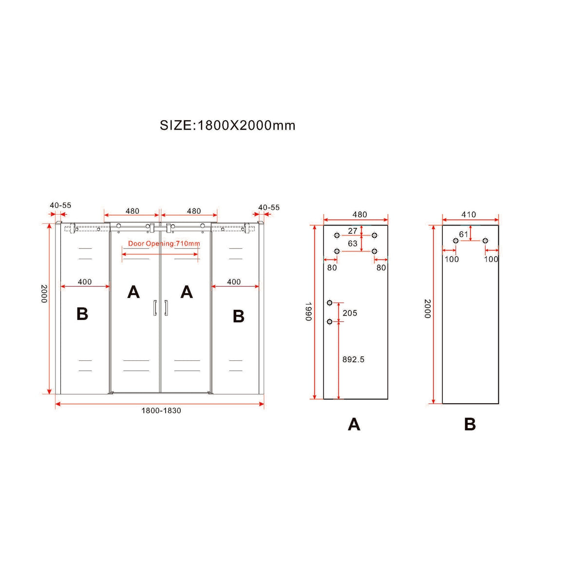 Wiesbaden Slide nis schuifdeur dubbel Chroom - technische tekening