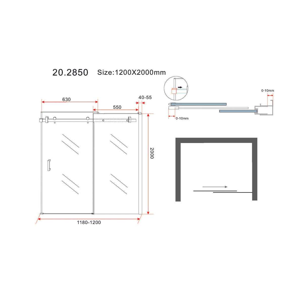 Slide nis schuifdeur 1200 x 2000 x 8 mm nano helder glas/mat zwart