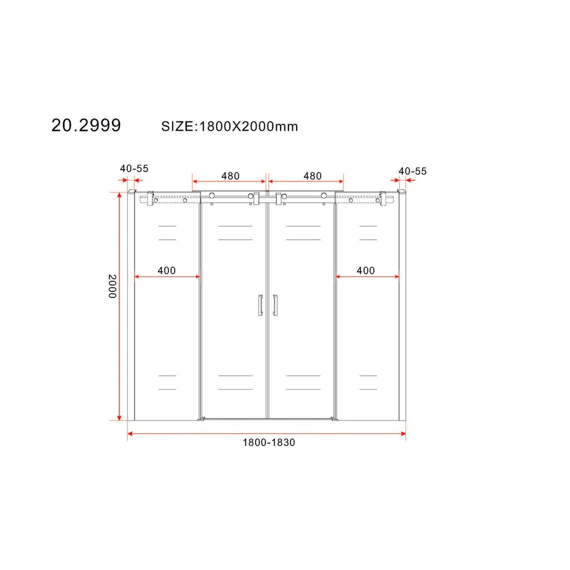 Slide nis schuifdeur dubbel 1800 x 2000 x 8 mm nano helder glas/mat zwart