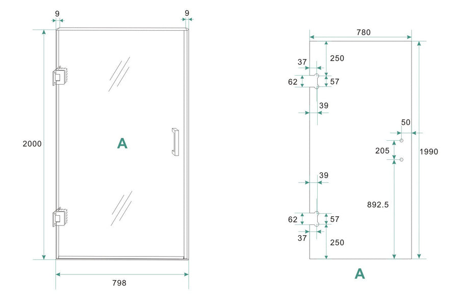 Less nisdeur links 800 x 2000 x 8 mm nano spiegelrook- naar helder glas/geborsteld messing