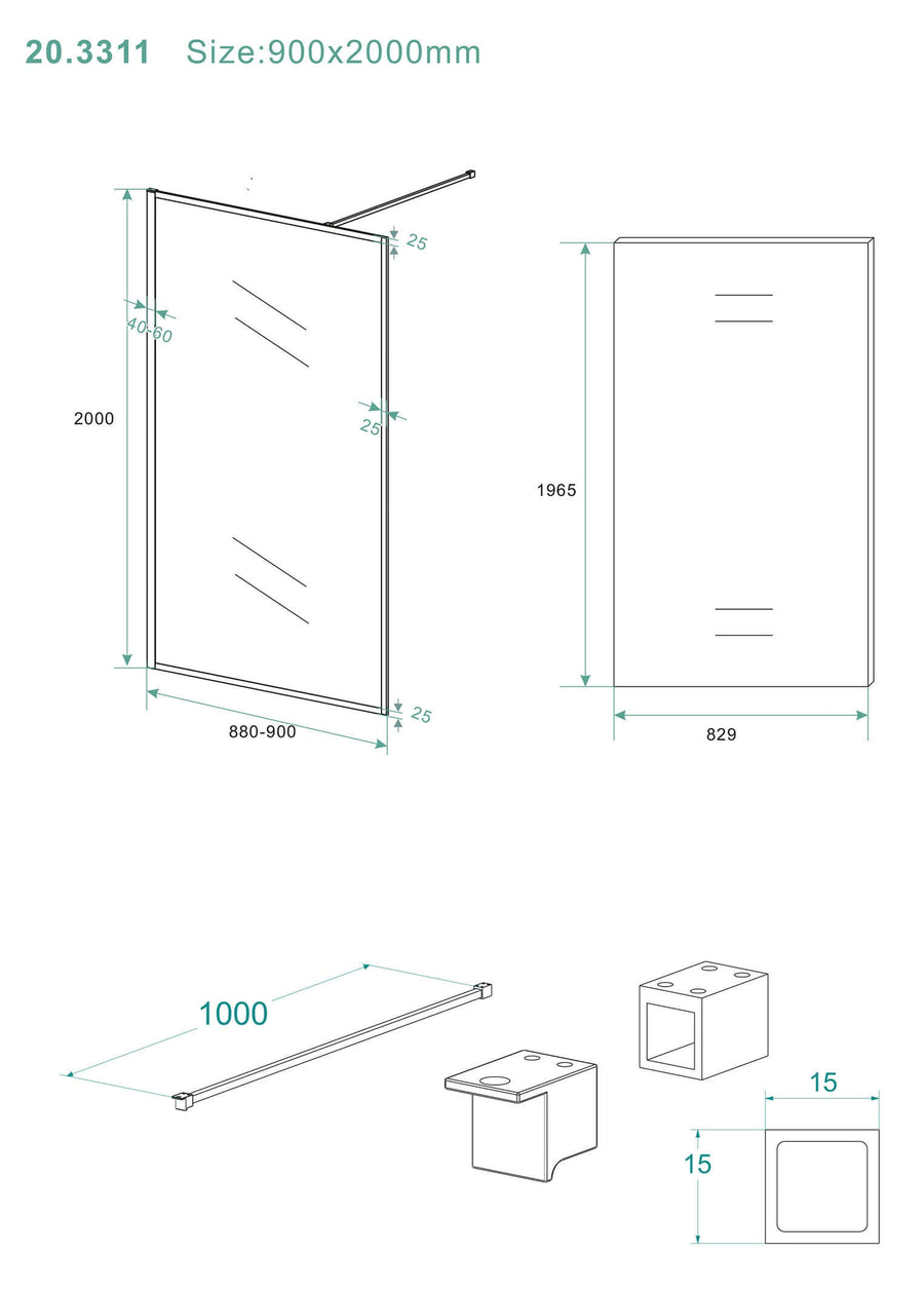 Douchewand Wiesbaden Vierkant 10 mm 90x200 cm Stabilisatorstang | Nanocoating | Mat Zwart | Inloopdouche