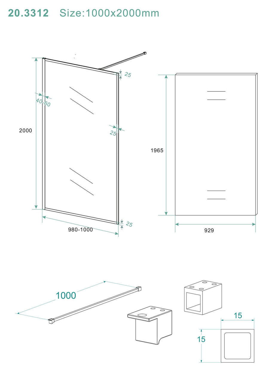 Douchewand Wiesbaden Vierkant 10 mm 100x200 cm Stabilisatorstang | Nanocoating | Mat Zwart | Inloopdouche