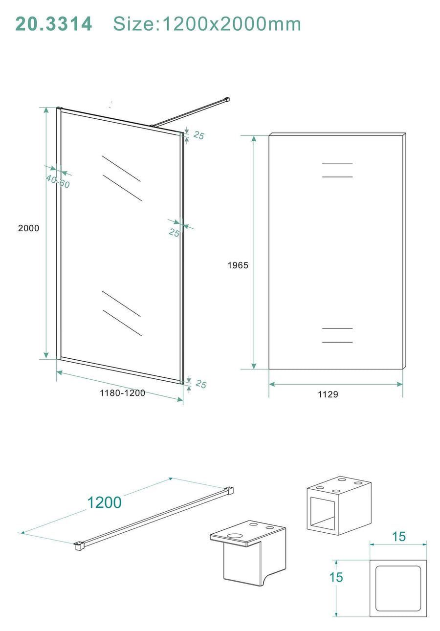 Vierkante Douchewand Wiesbaden 10 mm 120x200 cm met Stabilisatorstang | Nanocoating | Mat Zwart | Inloopdouche