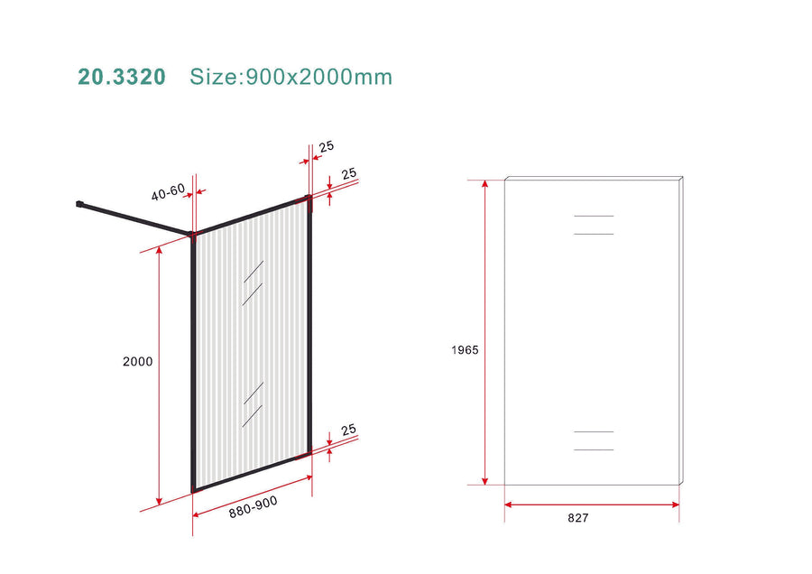 Square inloopdouche 900 x 2000 x 8 mm nano geribbeld helder glas/mat zwart