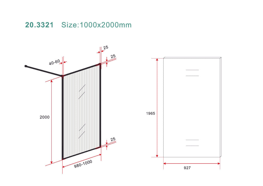 Square inloopdouche 1000 x 2000 x 8 mm nano geribbeld helder glas/mat zwart