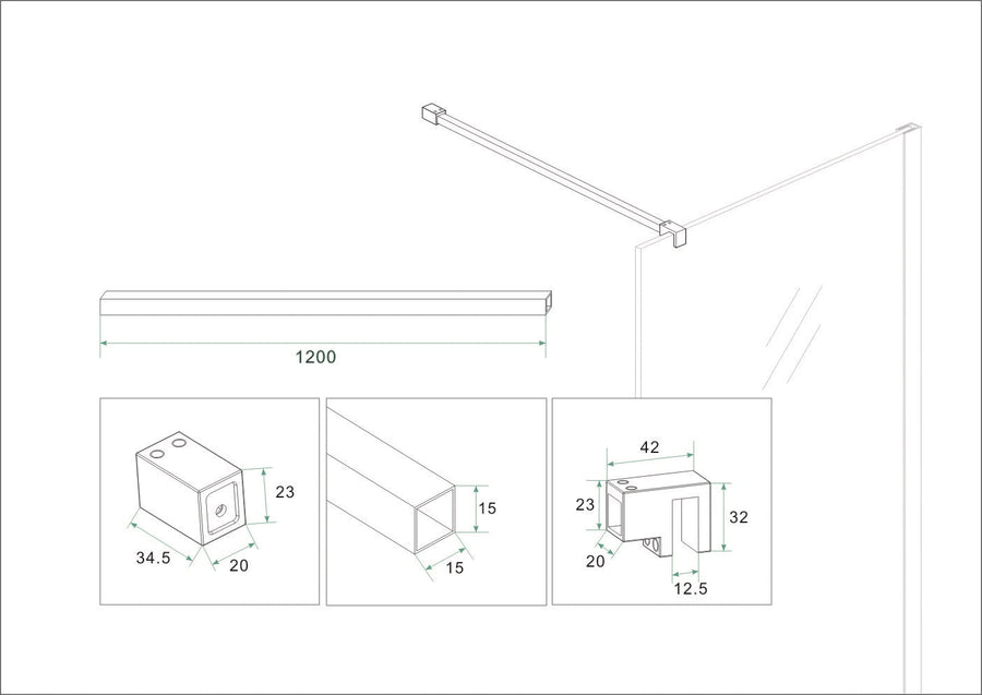 Slim set stabilisatiestangen 120 cm voor vrijstaande inloopdouches geborsteld brons koper