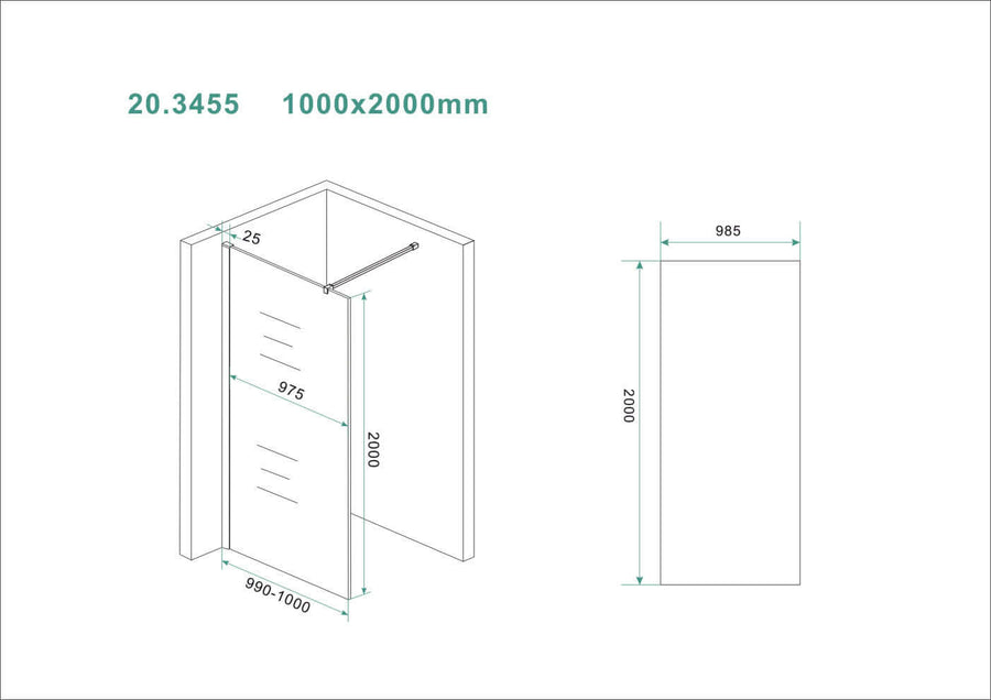 Slanke inloopdouche Wiesbaden 100X200Cm 8Mm helder glas met antikalkcoating (exclusief profiel)