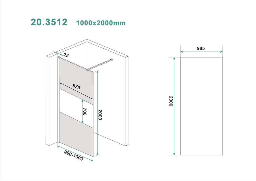 Wiesbaden Slanke Inloopdouche met Rookglas en Middenband 100x200 cm 8 mm Nano Coating