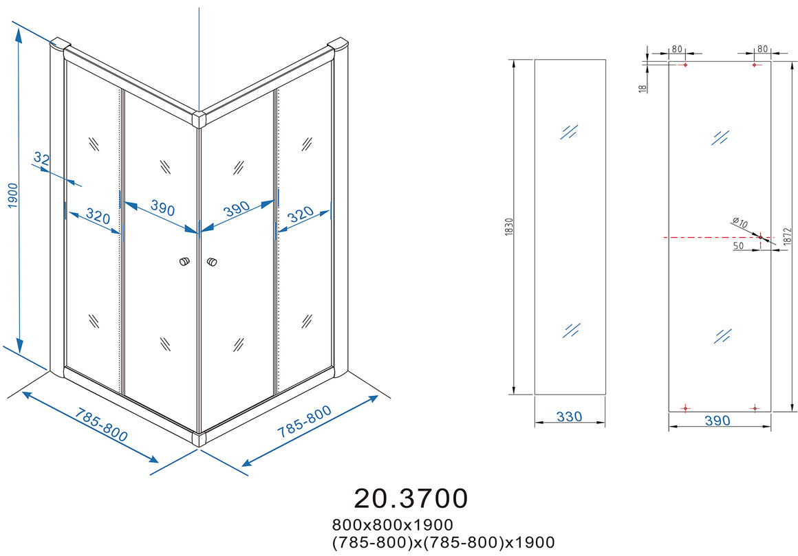 Xellanz Eco hoekinstap cabine 80 x 80 cm - technische tekening