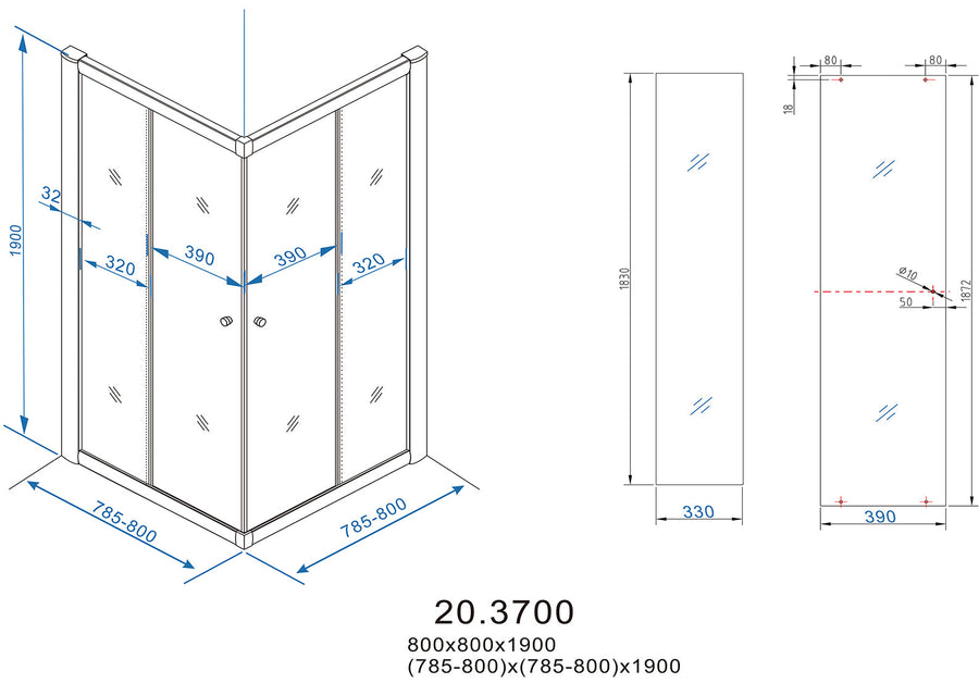 Eco hoekinstap cabine met 2 schuifdeuren 800 x 800 x 1900 x 5 mm nano helder glas/chroom
