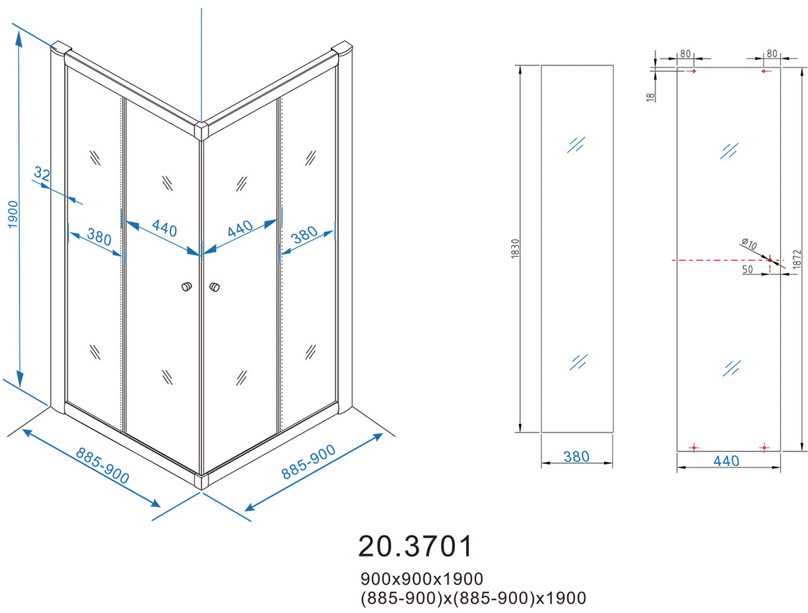 Xellanz Eco hoekinstap cabine 90 x 90 cm - technische tekening