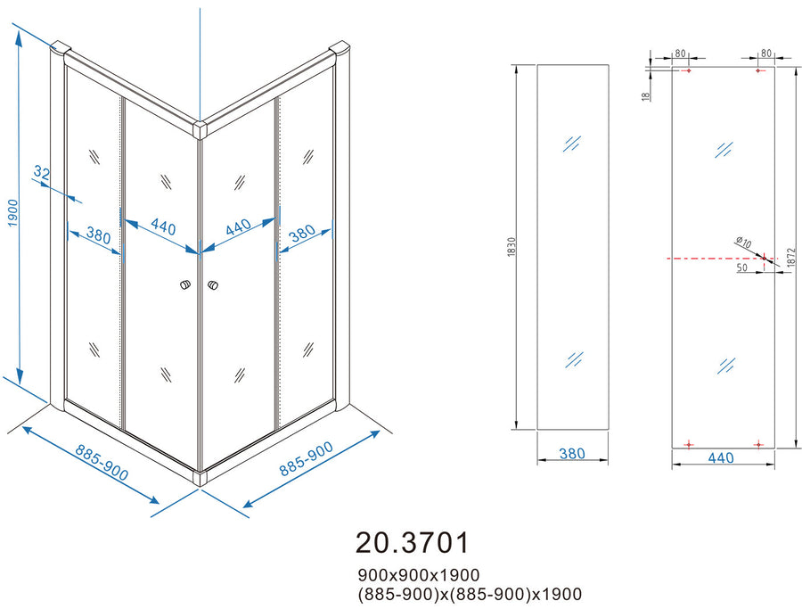 Eco hoekinstap cabine met 2 schuifdeuren 900 x 900 x 1900 x 5 mm nano helder glas/chroom