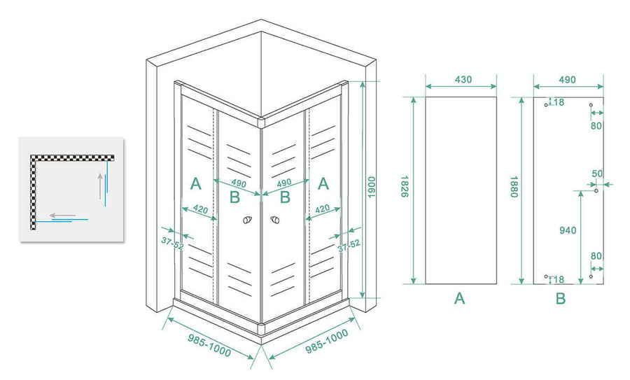 Aktions-Eckinstieg-Dusche Wiesbaden 100x100x190 cm 5 mm Klarglas