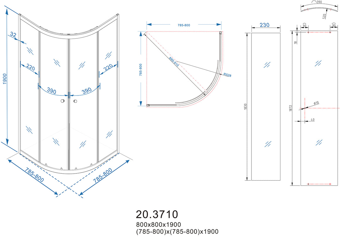 Xellanz Eco kwartronde cabine 80 x 80 cm - technische tekening