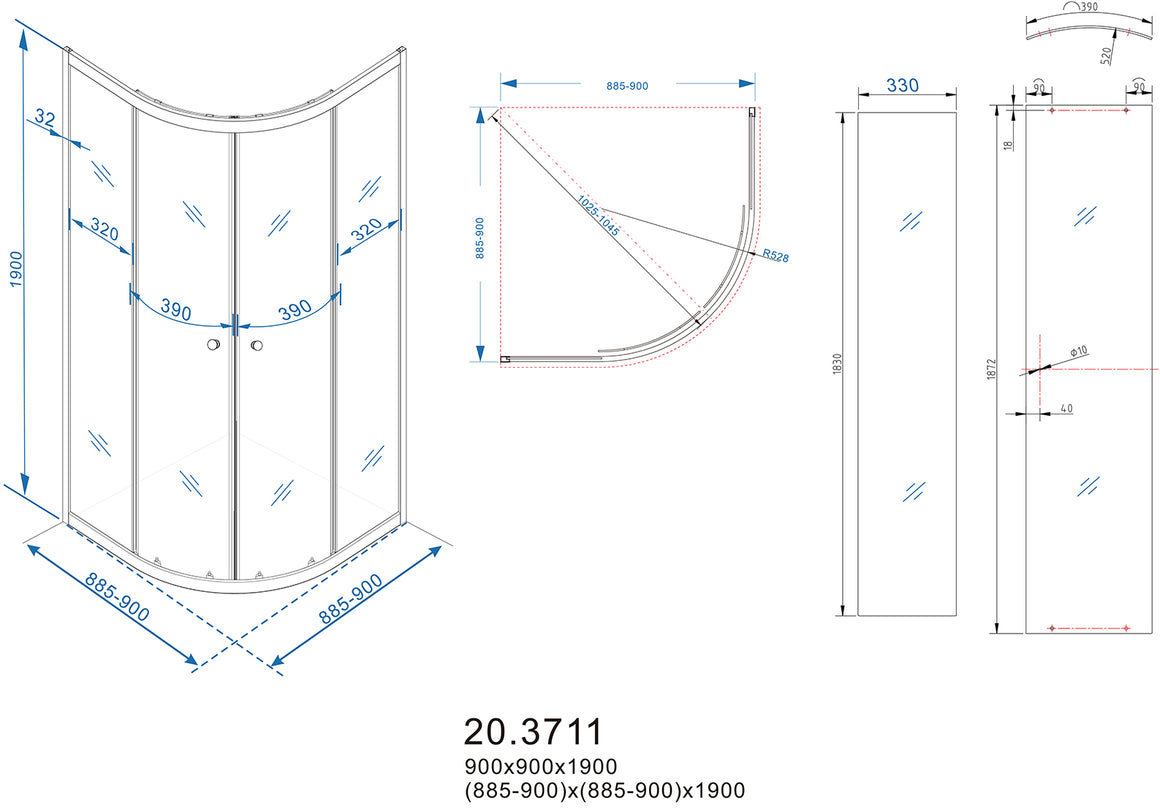 Xellanz Eco kwartronde cabine 90 x 90 cm - technische tekening